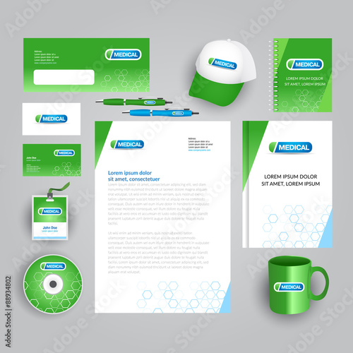 Green corporate identity template with medical logo. Medical company stationery template.Vector company style for brandbook and guideline. Documentation for business.