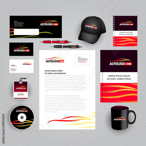 Auto corporate identity template. Car company template in black and red colors. Vector company style for brandbook and guideline. Auto service, car repair, car business company identity.