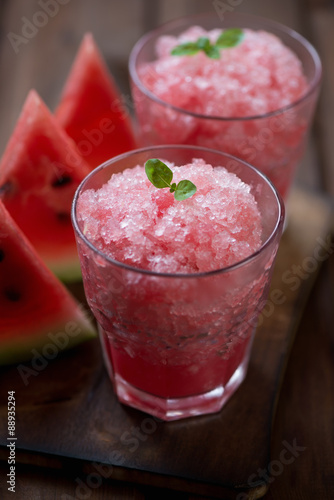 Glasses with delicious watermelon granita, close-up, studio shot