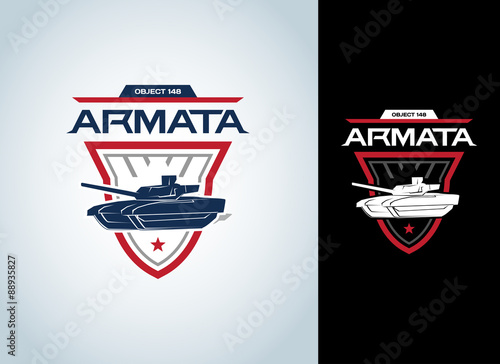 Red and dark blue russian Armata tank t-shirt design. Tank logotype design, vector illustration. Badge logo, military t-shirt graphic design.