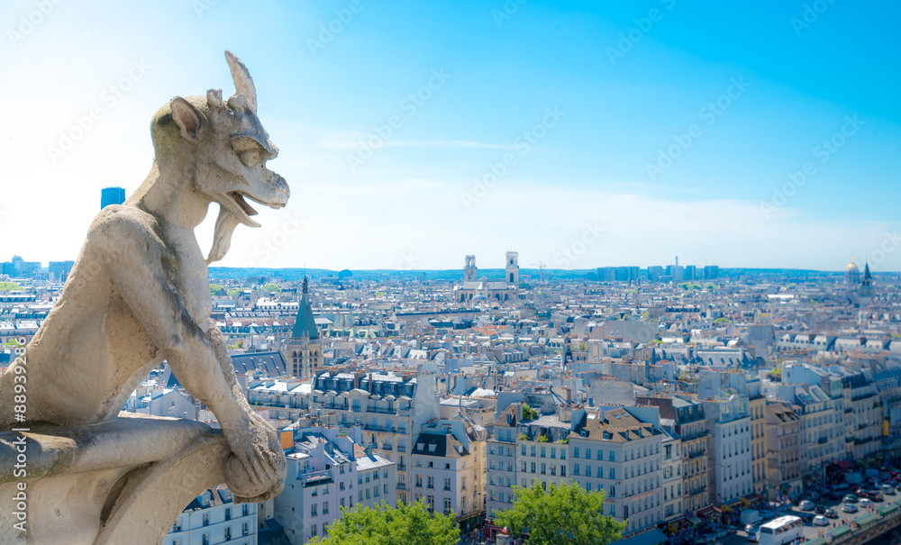 Gargoyle (chimera) on Notre Dame de Paris close up overlooking b