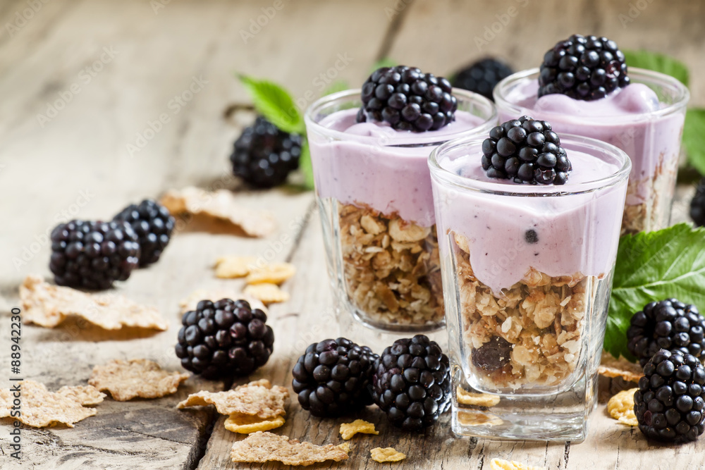 Homemade granola with yogurt and blackberry, healthy breakfast, Homemade granola with yogurt and blackberry, healthy breakfast,
