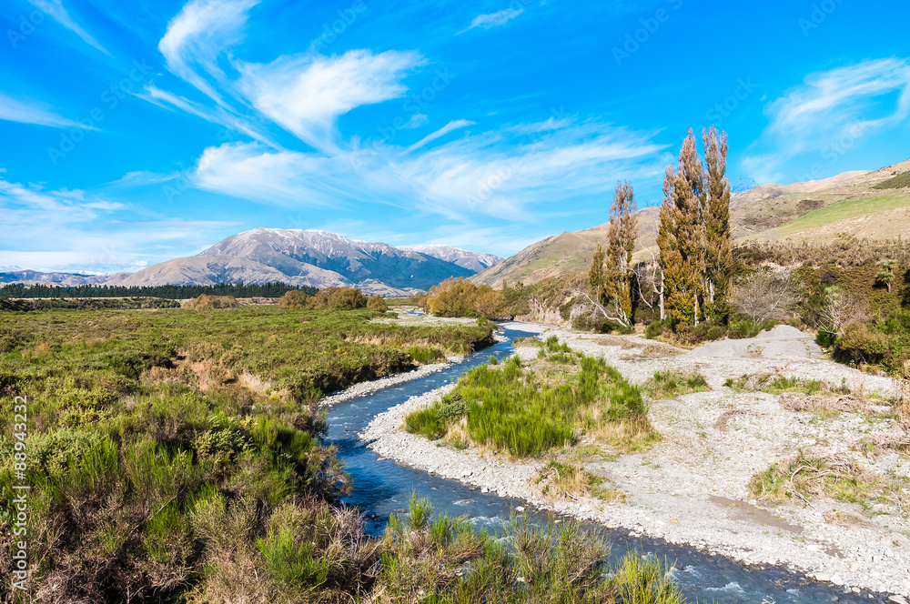 Natural landscape of New Zealand alps and stream