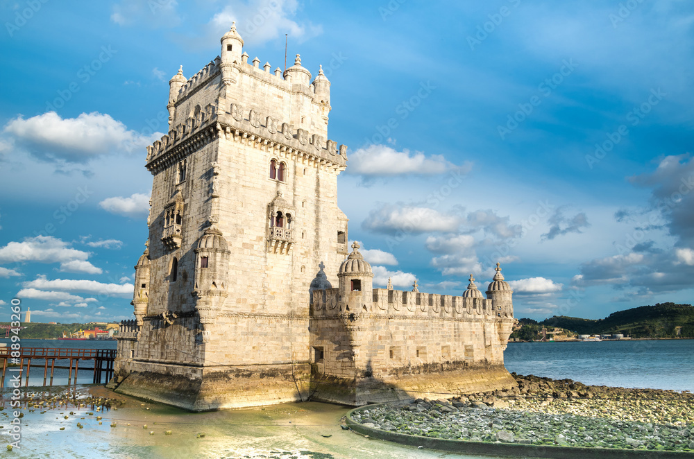 Belem Tower on the Tagus river in the morning, famous city landm
