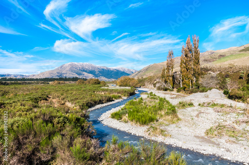 Natural landscape of New Zealand alps and stream
