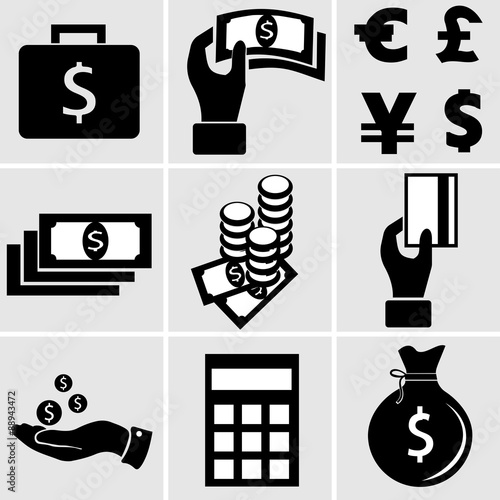 the nine vector black and white icons on the theme of money and banking, depicted coins, banknotes, credit card
