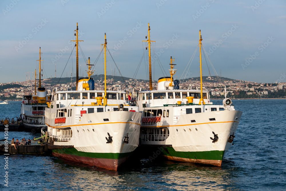 Passenger Ferries Docked At Karakoy Pier, Istanbul, Turkey