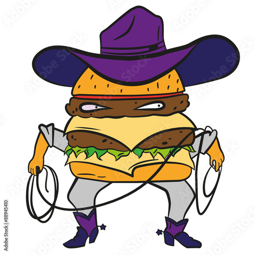 Funny cowboy burger, cheeseburger in a hat and lasso