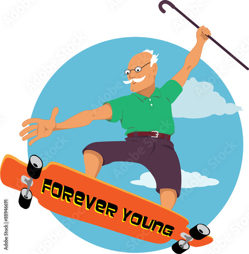 Elderly man with a can riding a longboard or skateboard, vector cartoon, no transparencies, EPS 8