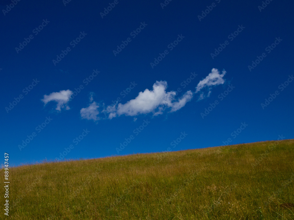 Nuvola bianca con cielo blu e prato verde Nuvola bianca con cielo blu e prato verde