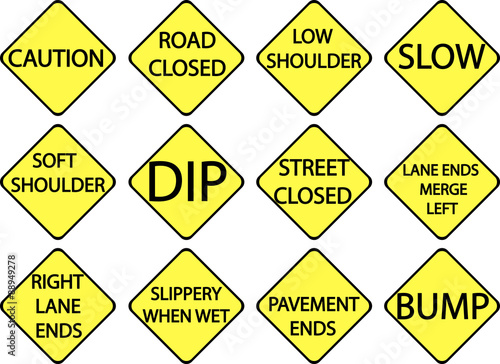 vector twelve cautionary and warning road signs, yellow, square shape