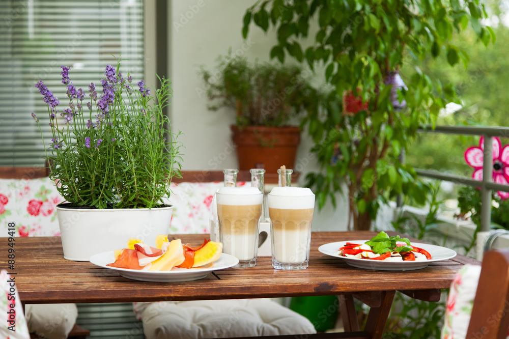 balcony in summer - Balkon im Sommer, Latte macchiato, Tisch balcony in summer - Balkon im Sommer, Latte macchiato, Tisch