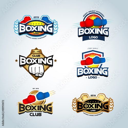 Boxing logo templates set. Red, blue and gold colors. Boxing club logotype. Boxing shield, emblem, label, badge, t-shirt design, boxing, fight theme. Vector illustrations.