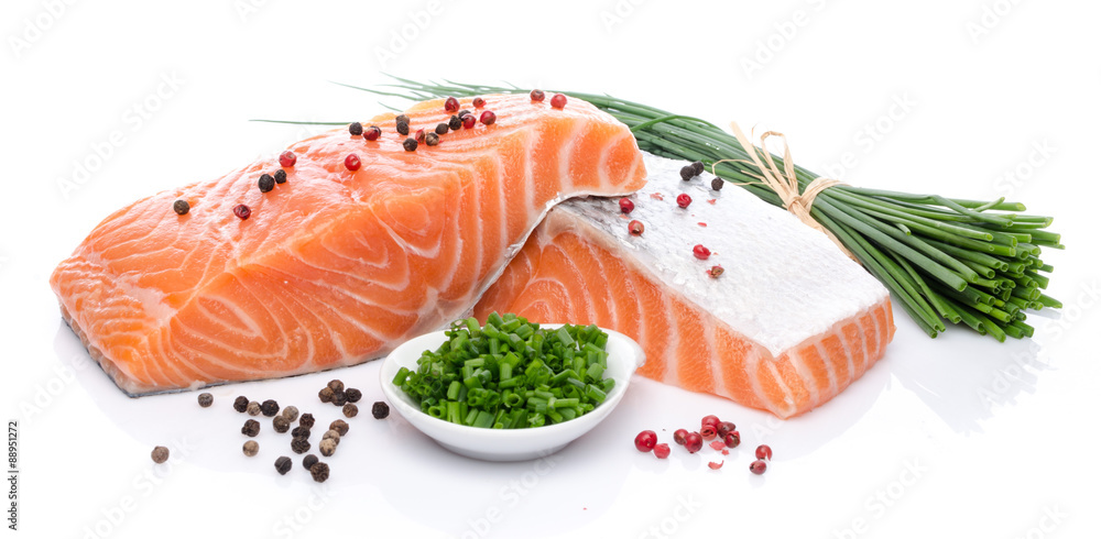 Fresh raw salmon fillet with herbs and spice Fresh raw salmon fillet with herbs and spice