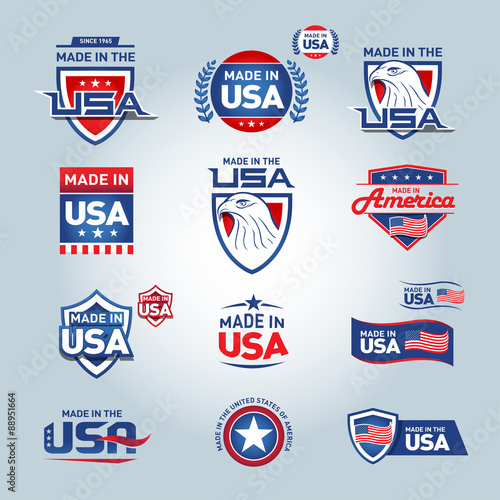 USA and made in USA icons. American made. Set of vector icons, stamps, seals, banners, labels, logos, badges. Vector illustration.