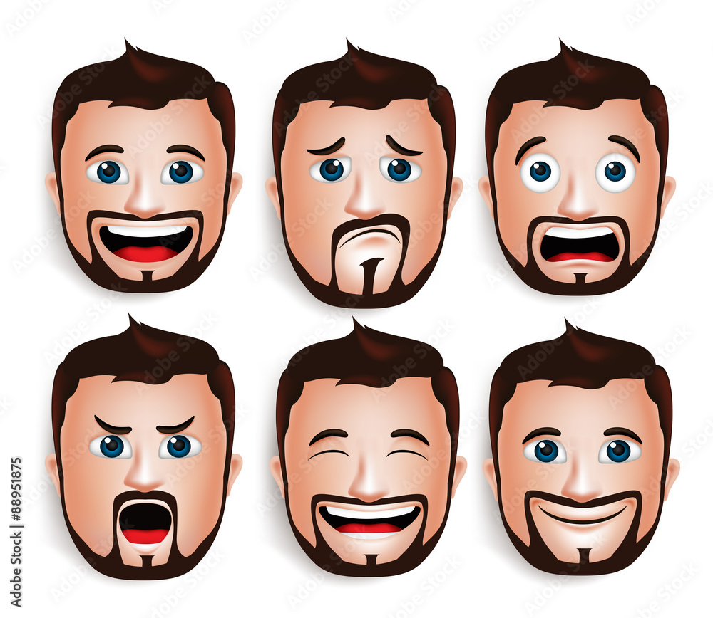 Set of 3D Realistic Handsome Man Head with Different Facial Expressions Set of 3D Realistic Handsome Man Head with Different Facial Expressions