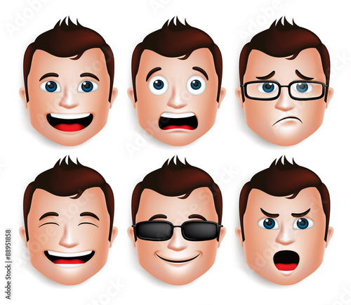 Set of 3D Realistic Handsome Man Head with Different Facial Expressions