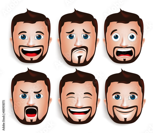 Set of 3D Realistic Handsome Man Head with Different Facial Expressions