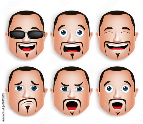 Set of 3D Realistic Big Fat Man Head with Different Facial Expressions