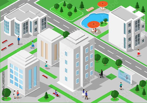 Isometric landscape with people, city buildings, roads, parks, hotels and swimming pool. Set of detailed city buildings. 3d isometric people
