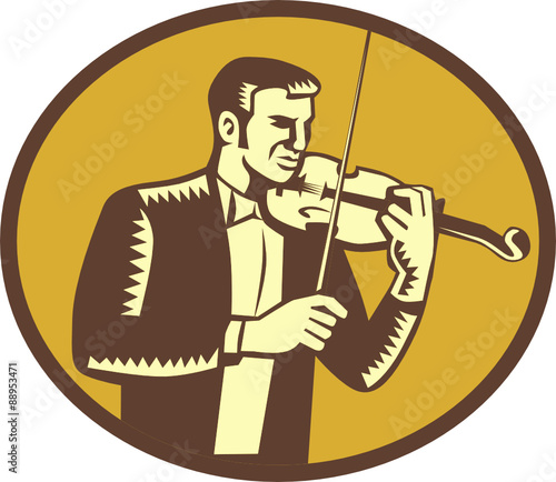 Violinist Musician Playing Violin Woodcut