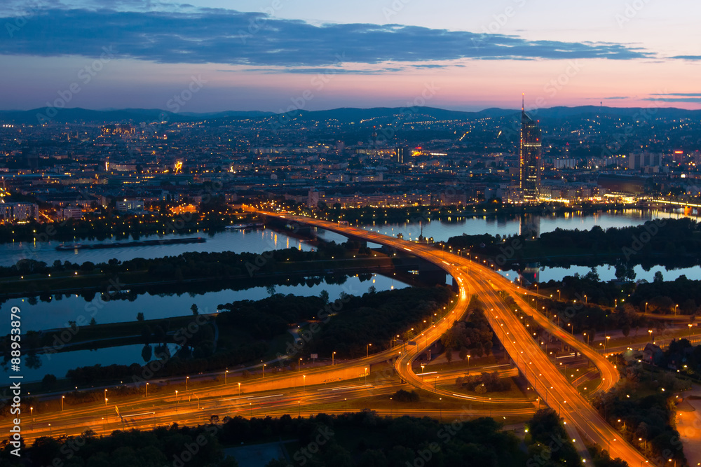 Vienna at night with Danube River and Island (Donauinsel)