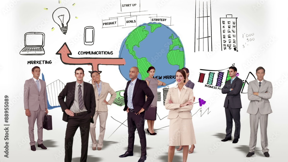Business team standing against brainstorm Business team standing against brainstorm