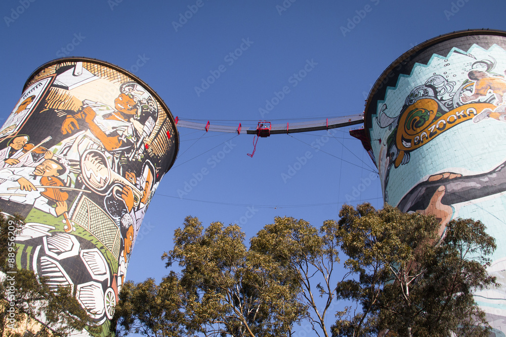 The Orlando Towers in Soweto, a township of Johannesburg in South Africa. Between the towers is a bridge for bungee jumping