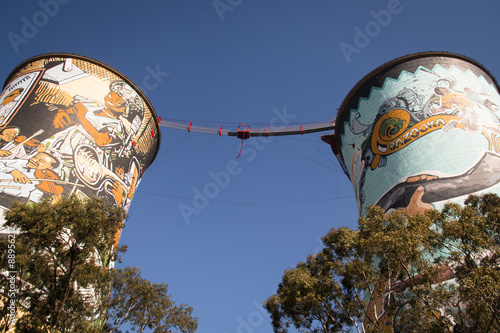 The Orlando Towers in Soweto, a township of Johannesburg in South Africa. Between the towers is a bridge for bungee jumping
