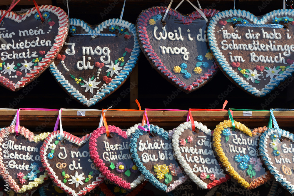 Traditional gingerbread hearts on the market of Oktoberfest, Munich, Germany