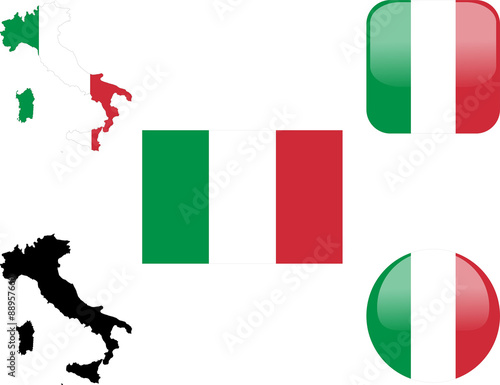 flag, buttons and map of italy collection - vector