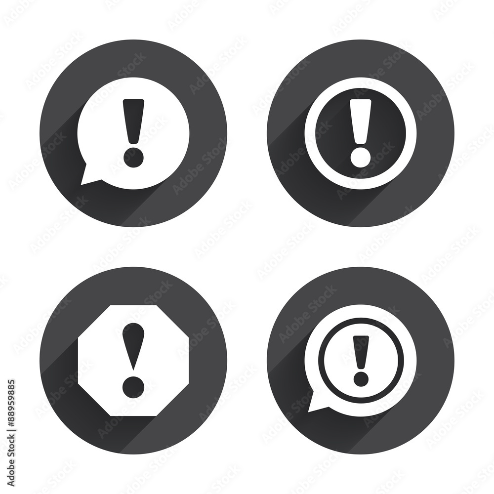 Attention icons. Exclamation speech bubble. Attention icons. Exclamation speech bubble.