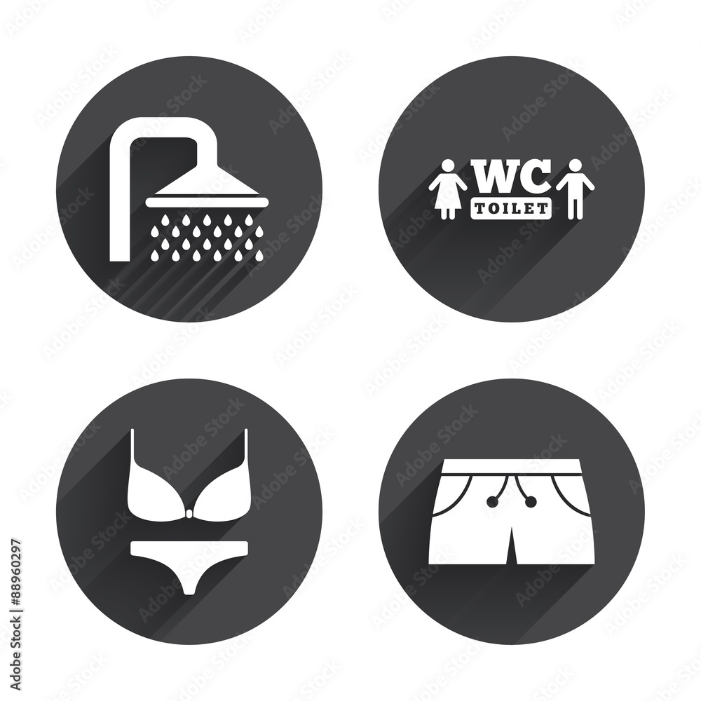 Swimming pool icons. Shower and swimwear signs. Swimming pool icons. Shower and swimwear signs.
