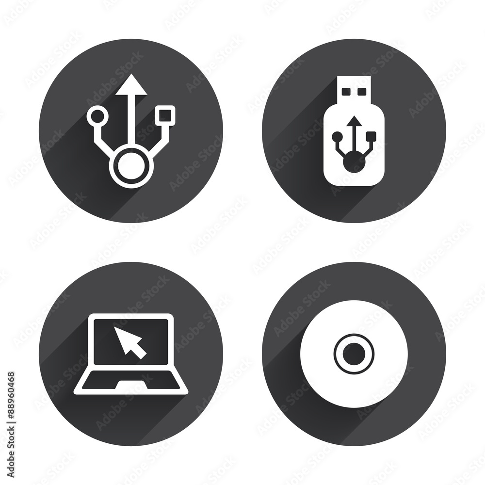 Usb flash drive icons. Notebook or Laptop pc. Usb flash drive icons. Notebook or Laptop pc.