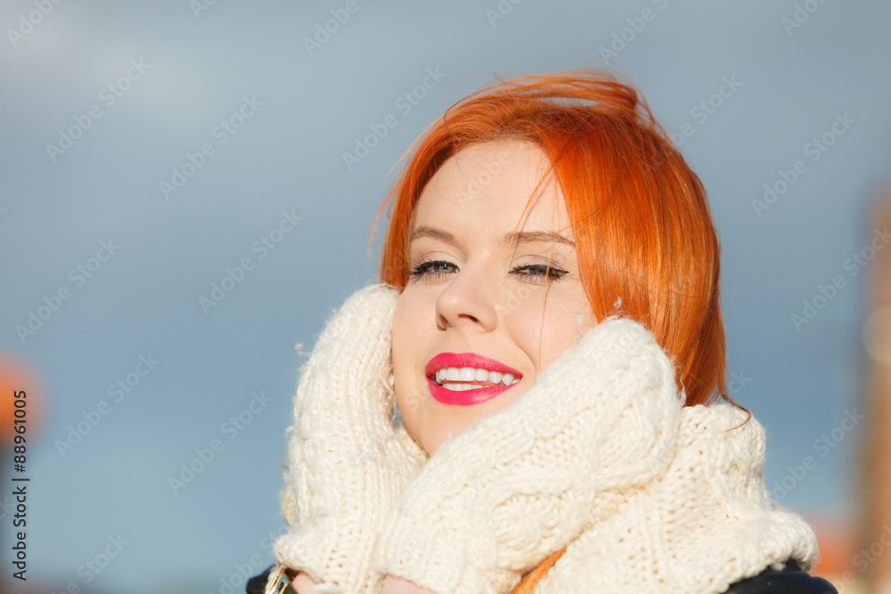 Beauty face red hair woman in warm clothing outdoor Beauty face red hair woman in warm clothing outdoor