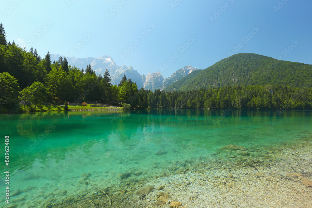 Lago di Fusine, alpine lake in the Italian Alps, Italy 