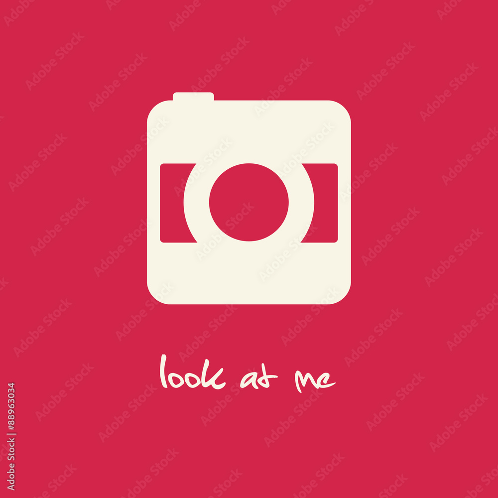 Simple retro styled illustration of a camera outline on pink background and a Simple retro styled illustration of a camera outline on pink background and a