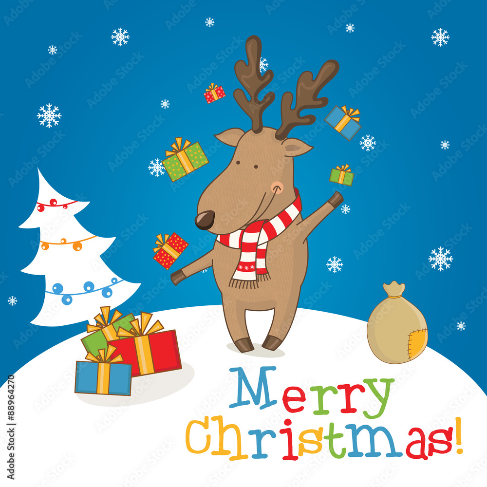 Naklejka premium Cartoon character deer on the winter landscape. vector