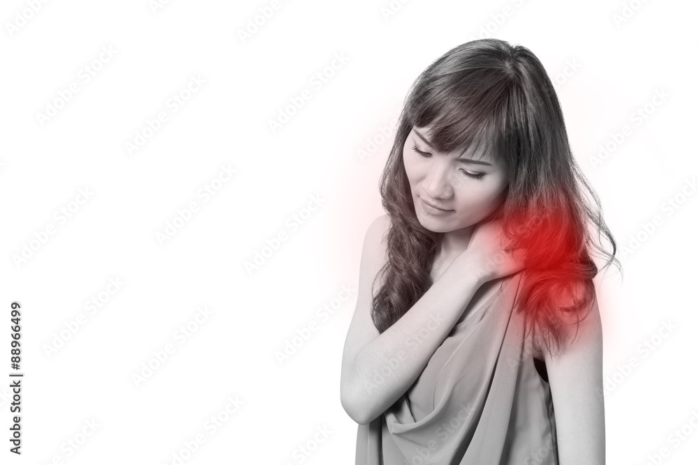 woman suffers from heavy shoulder pain or stiffness woman suffers from heavy shoulder pain or stiffness