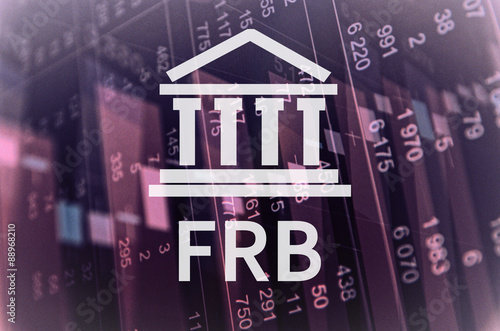 Building icon with inscription FRB. Financial data on computer  screen. Multiple exposure