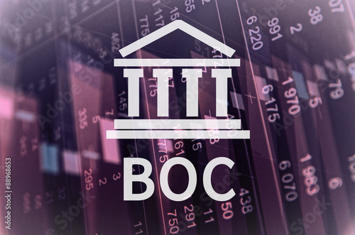 Building icon with inscription BOC. Financial data on computer  screen. Multiple exposure