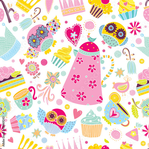 Owls,sweets and tea. Kids vector seamless pattern.