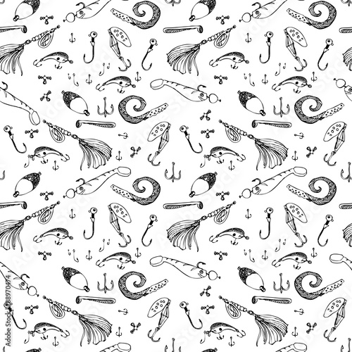 Seamless pattern set of fishing gear. Drawing by hand. A vector image.Blank for printing on fabric, wrapping paper.