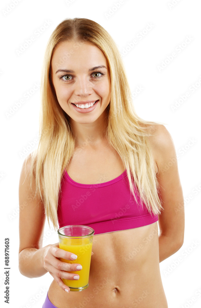 Young beautiful woman with glass of fresh orange juice, isolated on white Young beautiful woman with glass of fresh orange juice, isolated on white