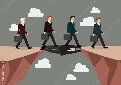 Businessman is laying down across the cliff