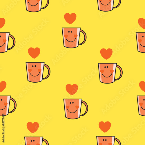 Vector seamless pattern with cute cartoon circles and hearts on yellow  background.