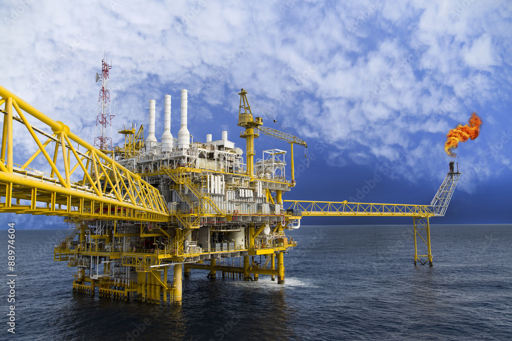 Oil and gas platform or Construction platform in the gulf or the sea, Production process for oil and gas industry. Oil and gas platform or Construction platform in the gulf or the sea, Production process for oil and gas industry.