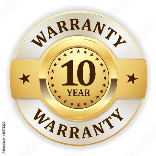 Gold round 10 year warranty vector badge on white background 