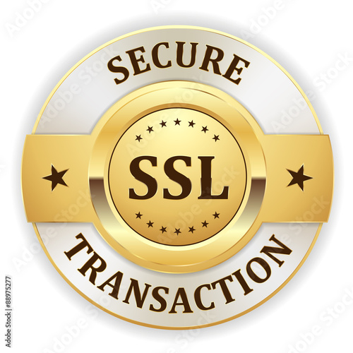 Gold round ssl secure vector badge on white background 