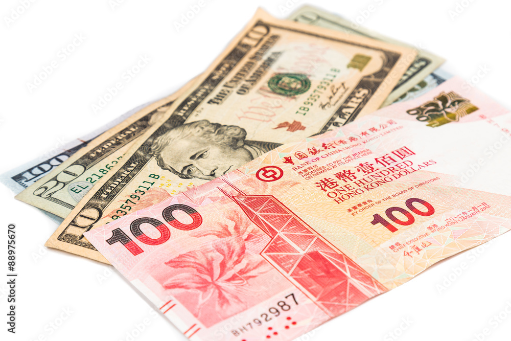 Close up of Hong Kong currency note against US Dollar Close up of Hong Kong currency note against US Dollar